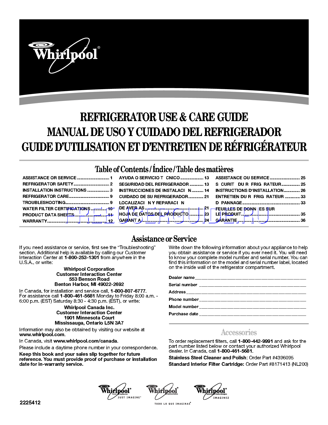 Leer online Manual de usuario para Whirlpool Refrigerator GR2SHTXKT00 (Page 1)
